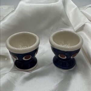 Polish Pottery Blue Red and White Ceramic Egg Cups, set of 2.